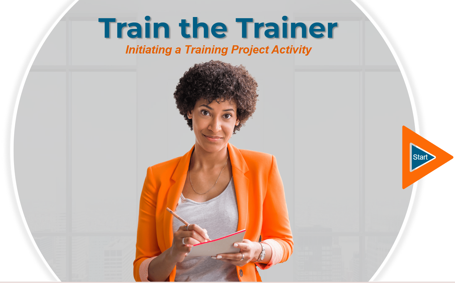 Woman with curly brown hair wearin orange blazer. Train the Trainer: Initiating a training project